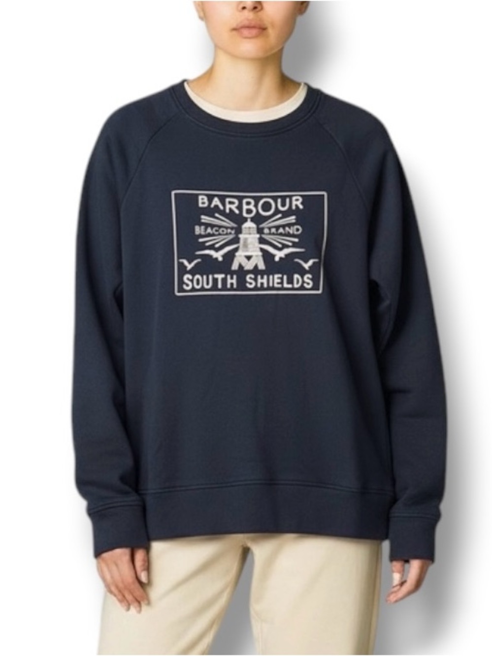 Barbour South Shields Navy Blue Graphic Crewneck Lewes Overlayer sz 4